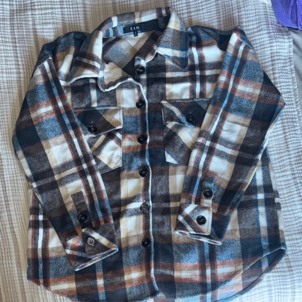ELM Women's Plaid Button Down Shacket - Blue, Brown, and Cream